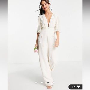 Hope & Ivy Bridal embroidered plunge jumpsuit in ivory